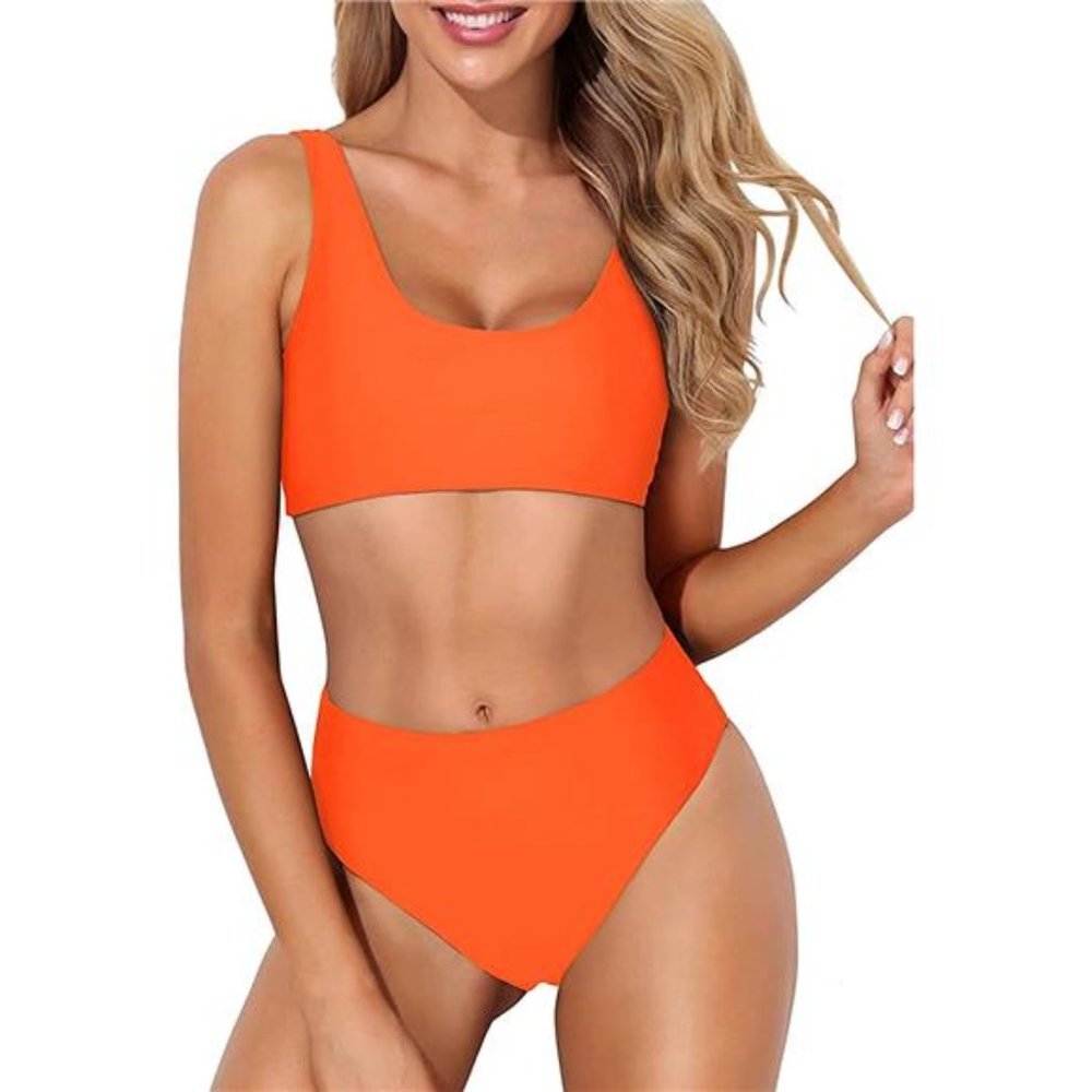 Women Two Piece Scoop Neck Bikini Crop Top High Cut Swimsuit